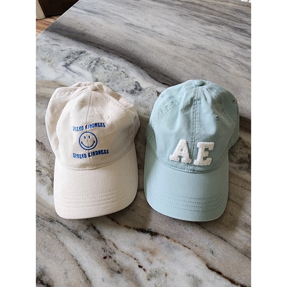 American Eagle Women Baseball Cap Hat Set 2 Corduroy Smiley Face Blue AE